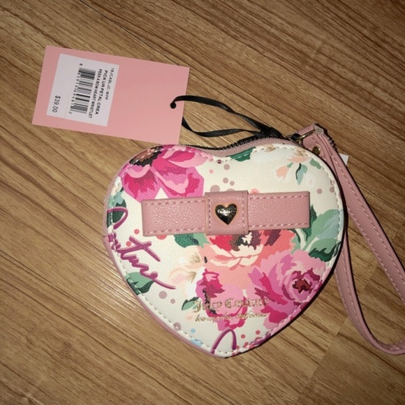 Juicy couture‎ barbiecore heart shaped pink floral wristlet purse clutch new - Picture 1 of 15